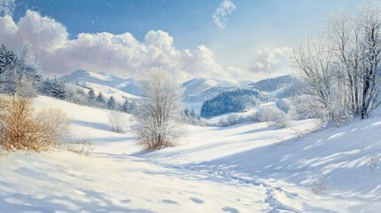 A peaceful snow-covered landscape with gentle hills and trees