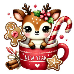 Baby deer with antlers sitting in a red mug. Watercolor illustration isolated on transparent background.