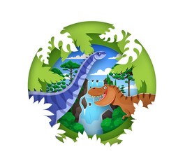 Paper cut banner with prehistoric dinosaur characters of Jurassic lizard of T-rex, vector background. Dino world atlas book cover with funny cartoon dinosaurs in jungle forest for dino encyclopedia