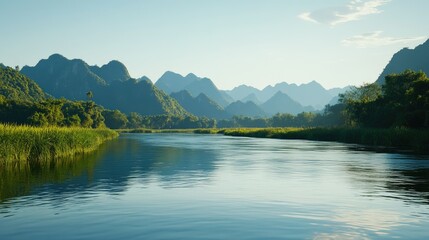 Fototapeta premium A calm river flowing through a lush green valley, with tall mountains in the background under a clear sky.