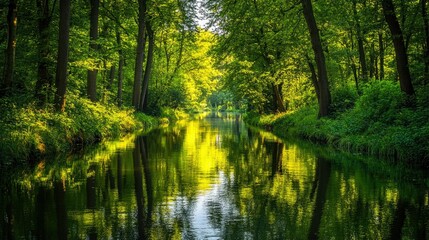 A calm river winding through a peaceful forest with tall trees and vibrant greenery reflected in the water.