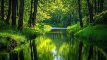 Fototapeta premium A calm river winding through a peaceful forest with tall trees and vibrant greenery reflected in the water.