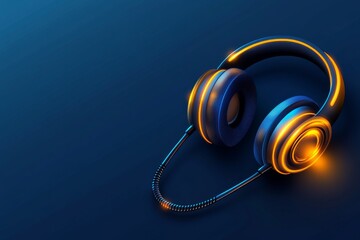 Naklejka premium Stylish headphones with glowing orange accents coiled neatly on a blue surface symbolizing modern audio technology personal sound experience and digital entertainment in a sleek design
