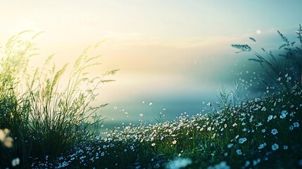 A field of wildflowers in the early morning mist with a warm sunrise behind the grassy foreground.