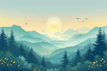 Serene mountain landscape with sun, trees, and distant hills in soft pastel colors.