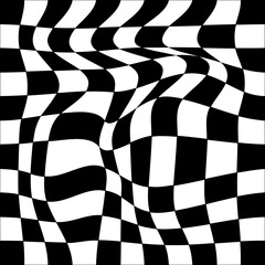Psychedelic checkerboard seamless pattern. Retro background with black and white chessboard texture. Trendy 60s 70s aesthetic. Vector illustration.
