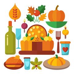 Autumn Harvest Festival: A vibrant collection of flat design icons celebrating Thanksgiving, featuring pumpkins, autumn leaves, pie, wine, and more. Perfect for fall-themed designs and websites.