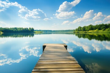 Tranquil Lakeside Scene with Wooden Dock and Clear Sky