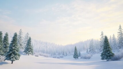 Naklejka premium Serene Snowy Landscape with Evergreen Trees