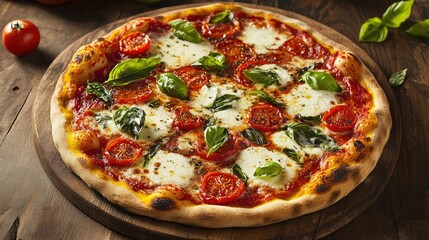 A classic margherita pizza with melted mozzarella cheese, fresh tomatoes, and basil, on a rustic wooden board.