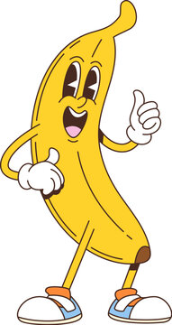 Naklejki Cartoon retro groovy banana fruit character with smiling face. Fun and playful tropical fruit personage showing thumbs-up, promotes healthy lifestyle, natural nutrition with a vintage nostalgic vibe