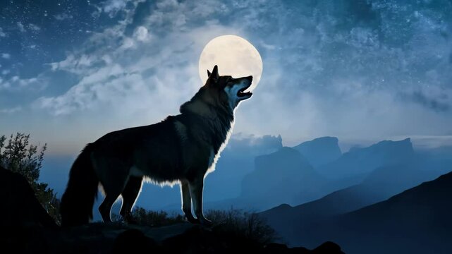 Wolf howling at the moon on mountain top
