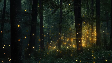 A quiet forest where the leaves of the trees glow softly in the dark