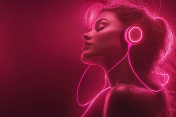 Fototapeta premium Neon profile of a woman with glowing pink headphones illuminated by soft pink light symbolizing modern audio technology personal listening and digital interaction in a futuristic setting
