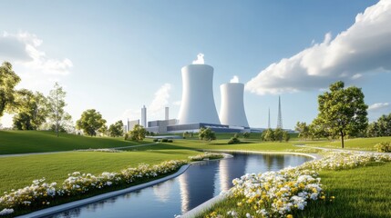 Fototapeta premium Fresh Landscape with Cooling Towers and River