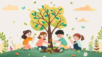 Obraz premium A group of children are planting a tree together