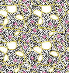 Gold chain glamour zebra fur seamless pattern. Vector illustration, hand drawn fashion texture with gold chain, rope.
