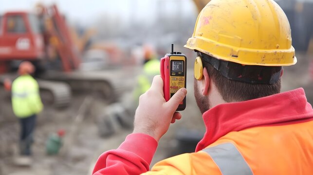 Construction Worker Using Walkie talkie to Communicate and Coordinate with Team Members on the Job Site