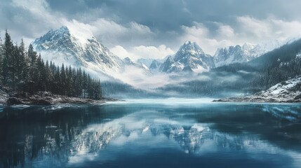 Naklejka premium A quiet lake surrounded by snow-capped mountains in winter