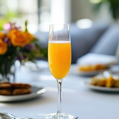 A close-up of a bright orange mimosa in a champagne flute, placed on a white table with a brunch setting in the background