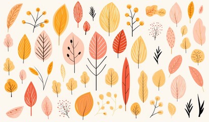 An Illustrated Collection of Autumn Leaves and Branches