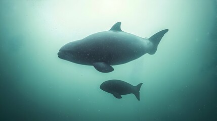Fototapeta premium Critically endangered vaquita porpoise swimming closely with its calf in the shallow coastal waters