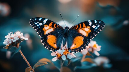 Naklejka premium A close-up of a butterfly resting on a flower, its wings vibrant with shades of orange, black, and blue.