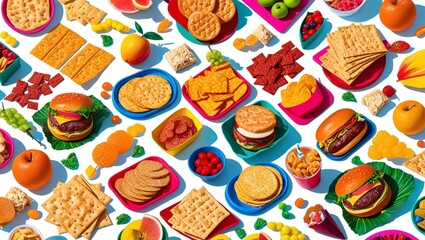 Background, pictures of various ready-to-eat food