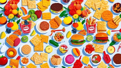 Background, pictures of various ready-to-eat food