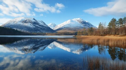 A quiet lake surrounded by snow-capped mountains in winter
