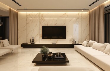 A modern living room with beige marble wall panels, a TV shelf and sofa, white tiles on the floor, a black coffee table, curtains, and warm lighting. Created with Ai