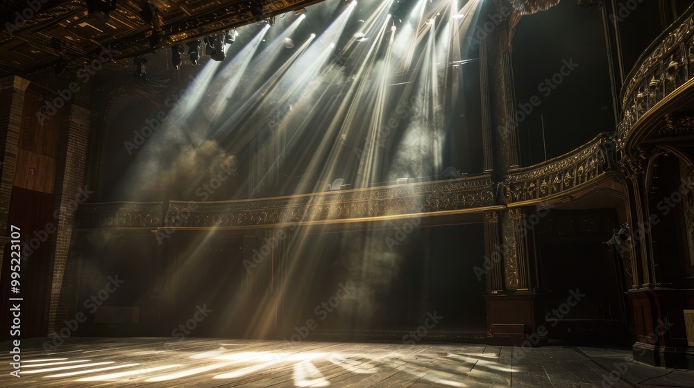 Poster an empty stage illuminated by spotlights in a grand theater