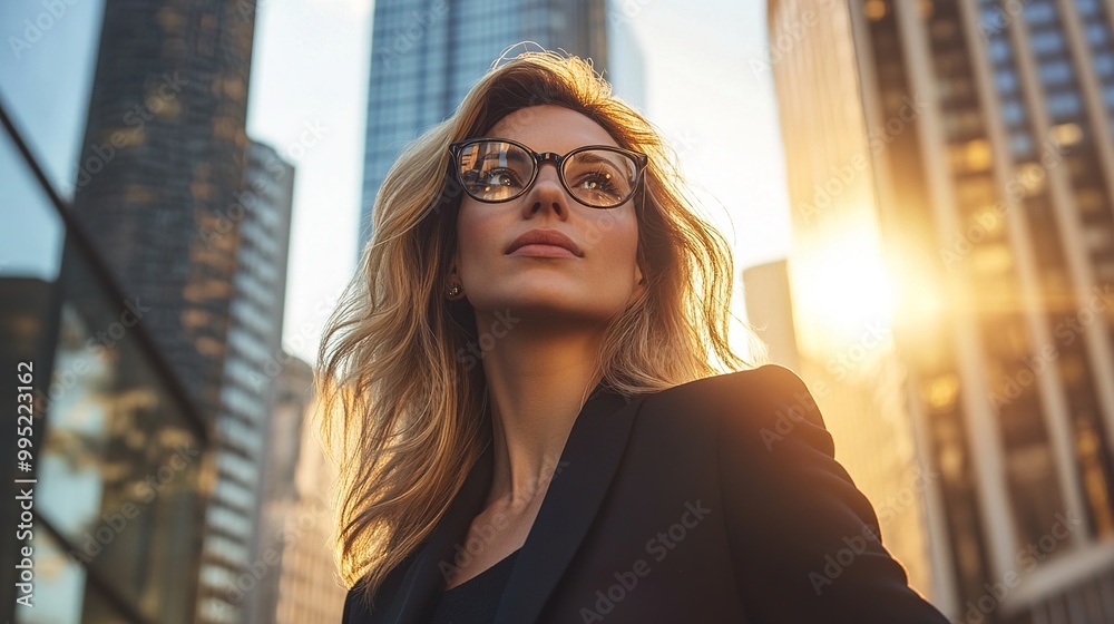 Canvas Prints Confident Woman in Cityscape with Glasses at Sunset