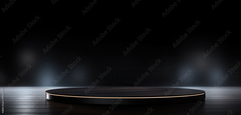 Poster a circular wooden platform with glowing edge, set against a dark backdrop