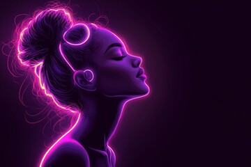 Fototapeta premium Neon portrait of a woman with a bun illuminated by glowing purple and pink light symbolizing personal reflection digital immersion and modern audio technology