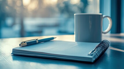 A close-up of a coffee mug, notebook, and pen resting on a clean desk, emphasizing productivity.