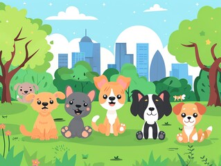 Naklejka premium Cartoon pets, in a park, flat design illustration