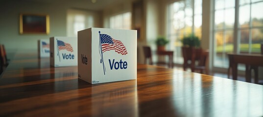 Ballot boxes with U.S. flags and voting signs on the blurry background of the voting hall