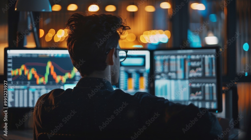Poster marketer analyzing data on computer from behind.