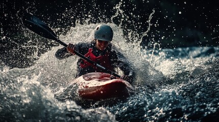 Naklejka premium Adventurous German Kayaker Braving Wild Rapids on Thrilling River Journey
