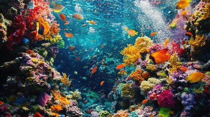 A close-up of a colorful coral reef, teeming with small fish and marine life in clear ocean water.