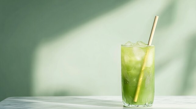 A refreshing green drink with ice and a straw in a tall glass on a white marble surface against a green background.