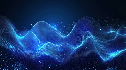 Abstract blue tech background with digital waves, dynamic network system, artificial neural connections, cyber quantum computing and electronic global intelligence.