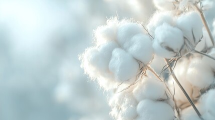 A close-up of a cotton plant's fluffy fibers in full bloom, with natural texture and soft lighting. Ample space for text or design elements.