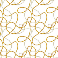 Seamless Baroque print with golden realistic pearls, chains for fabric design. Seamless vector pattern.  Perfect for wallpapers, surface textures, textile.