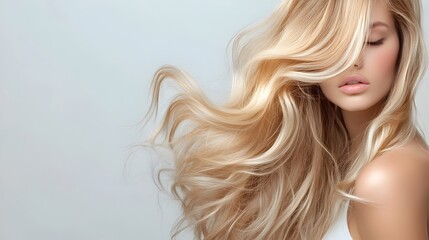 Detailed close up shot of a beautiful long and wavy hairstyle with flowing loose curls cascading from all angles highlighting the feminine elegance and charm of the subject