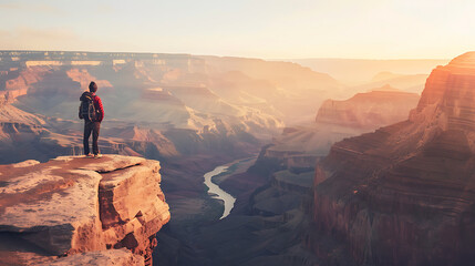 Fototapeta premium The excitement of exploration is symbolized by a lone hiker standing at the edge of a cliff, looking out over a wide canyon at dawn.