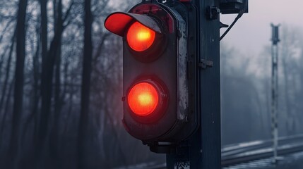 Detailed close up view of a railway crossing signal light with red warning lights flashing to alert drivers and pedestrians of an approaching train or vehicle traffic at the crossing