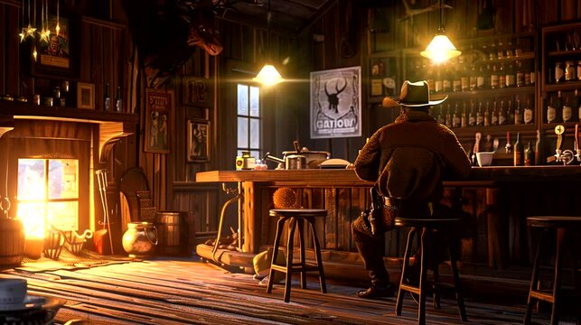 Cowboy sitting at the bar in a rustic wooden saloon under warm lighting. Seamless loop video background