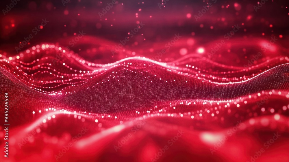 Poster Abstract red tech background with digital waves, Dynamic network system, Artificial neural connections, Technology background.